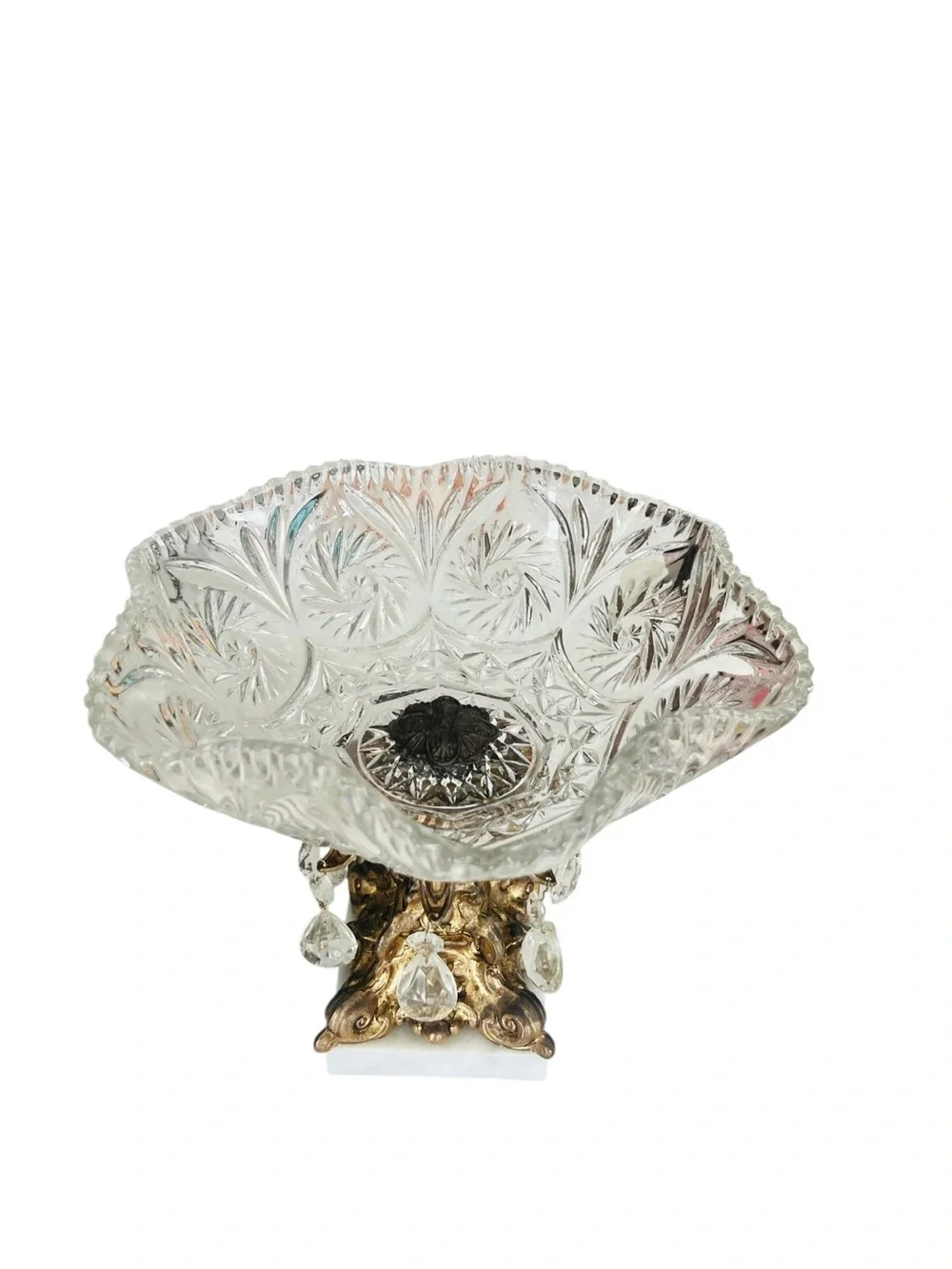 Vintage Italian Marble Crystal Compote Centerpiece Bowl Gilt Metal Prisms 10”